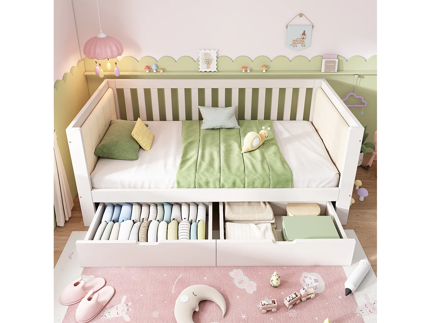 Canapé-lit en bois - 90 x 200 cm - avec 2 tiroirs + accoudoirs et dossier - blanc