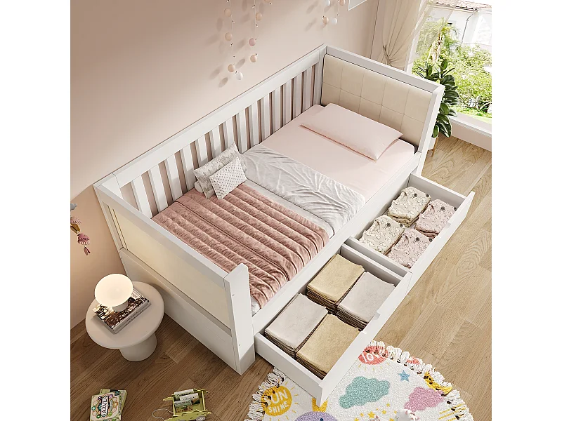 Canapé-lit en bois - 90 x 200 cm - avec 2 tiroirs + accoudoirs et dossier - blanc