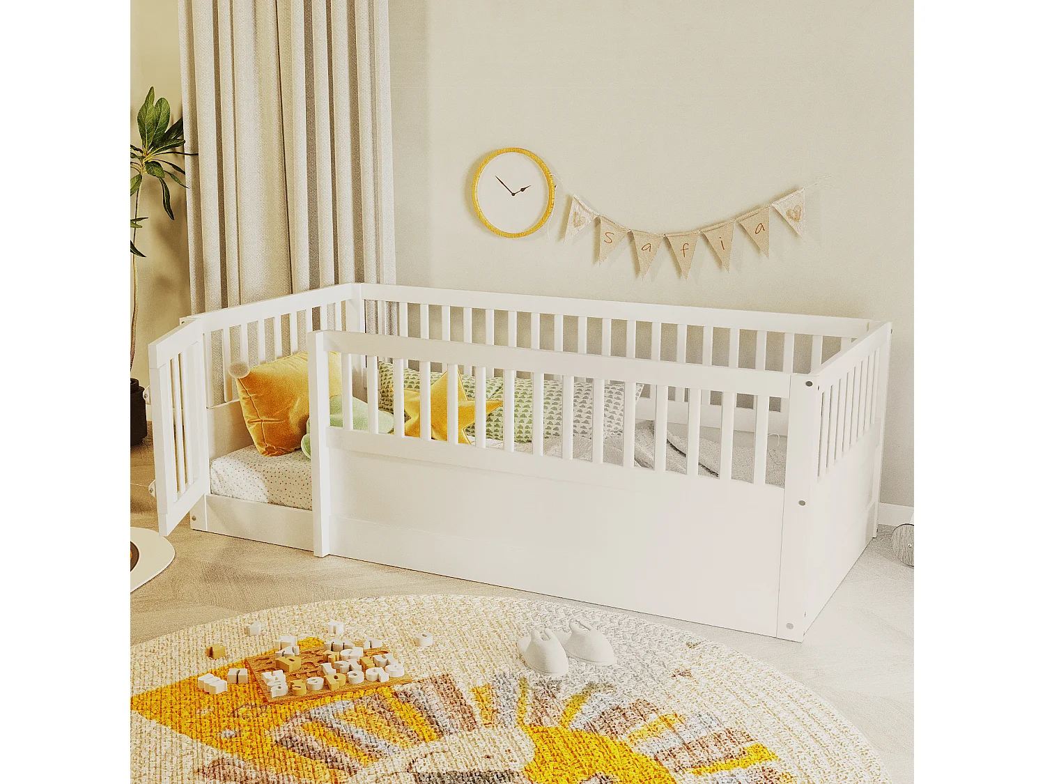 Lit enfant - 90 x 200 cm - sans sommier à latte - avec barreaux et porte - pin + contreplaqué + MDF - blanc