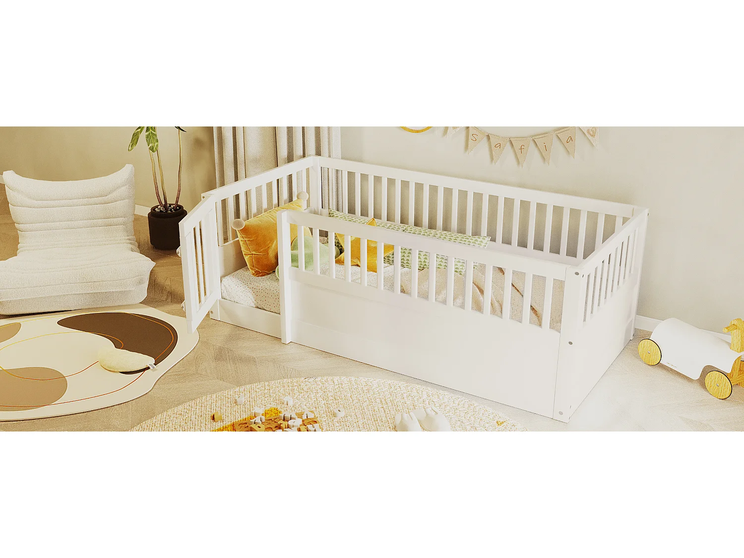 Lit enfant - 90 x 200 cm - sans sommier à latte - avec barreaux et porte - pin + contreplaqué + MDF - blanc