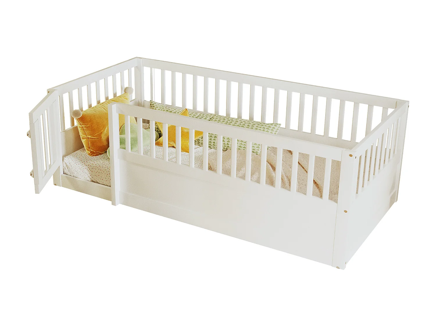 Lit enfant - 90 x 200 cm - sans sommier à latte - avec barreaux et porte - pin + contreplaqué + MDF - blanc