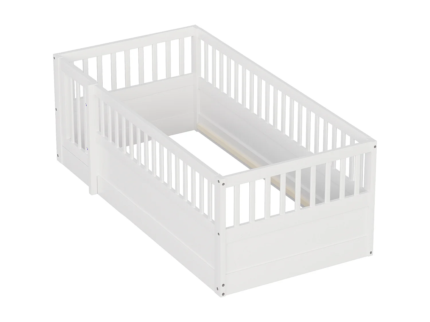 Lit enfant - 90 x 200 cm - sans sommier à latte - avec barreaux et porte - pin + contreplaqué + MDF - blanc