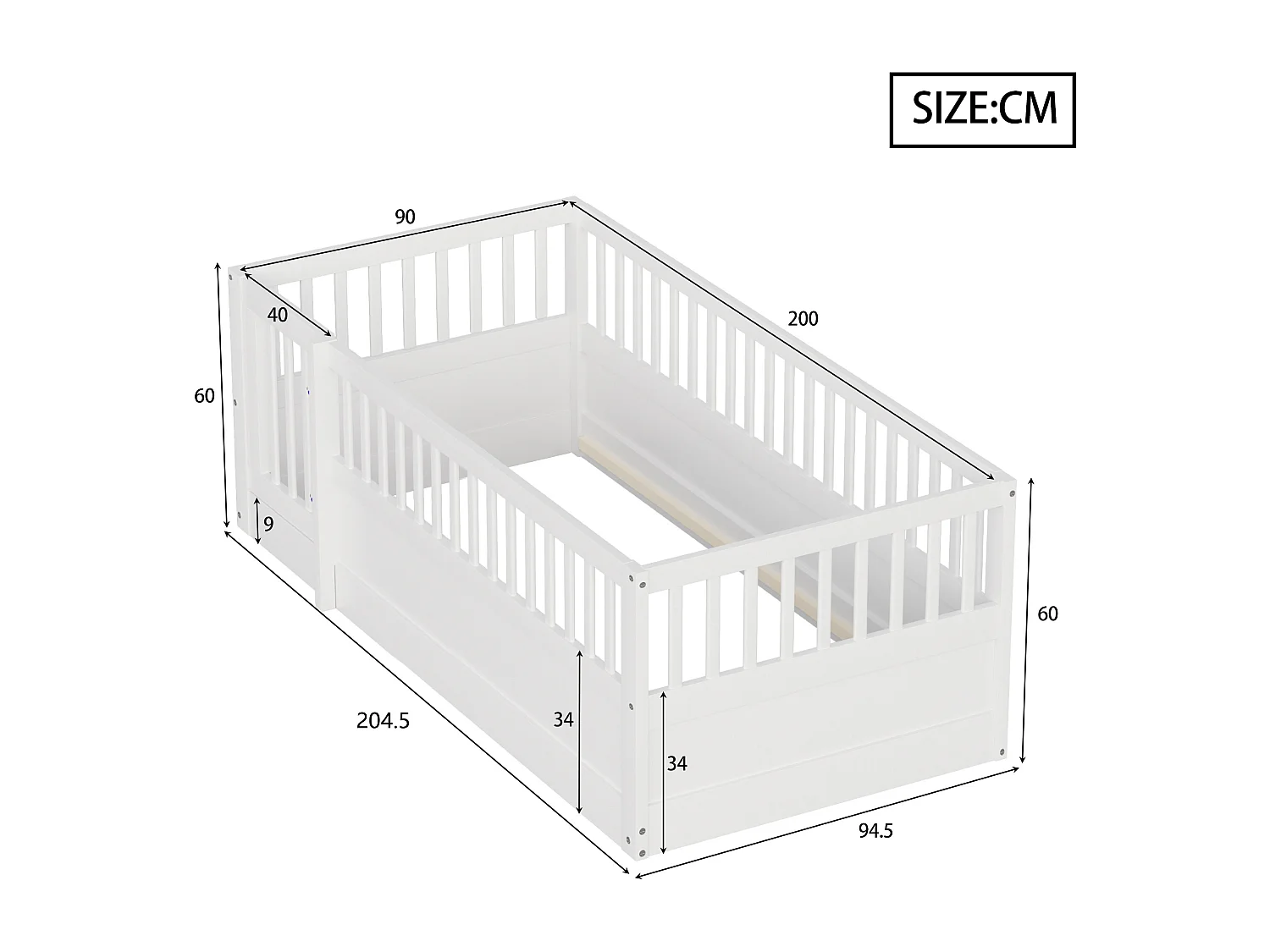 Lit enfant - 90 x 200 cm - sans sommier à latte - avec barreaux et porte - pin + contreplaqué + MDF - blanc