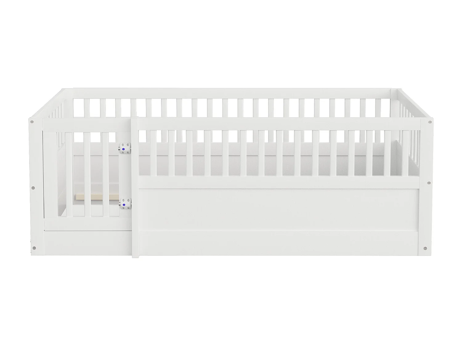 Lit enfant - 90 x 200 cm - sans sommier à latte - avec barreaux et porte - pin + contreplaqué + MDF - blanc