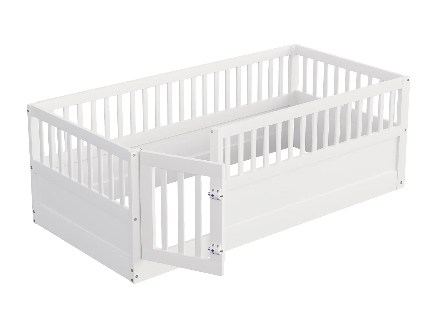 Lit enfant - 90 x 200 cm - sans sommier à latte - avec barreaux et porte - pin + contreplaqué + MDF - blanc