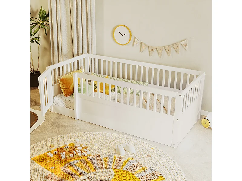 Lit enfant - 90 x 200 cm - sans sommier à latte - avec barreaux et porte - pin + contreplaqué + MDF - blanc