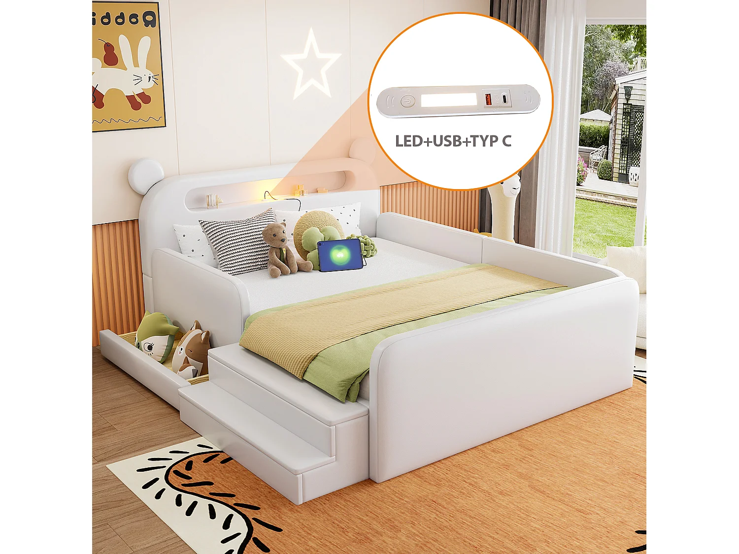 Lit enfant capitonné - 140 x 200 cm - avec tête de lit + veilleuse + USB + tiroir + siège marchepied - faux cuir - blanc