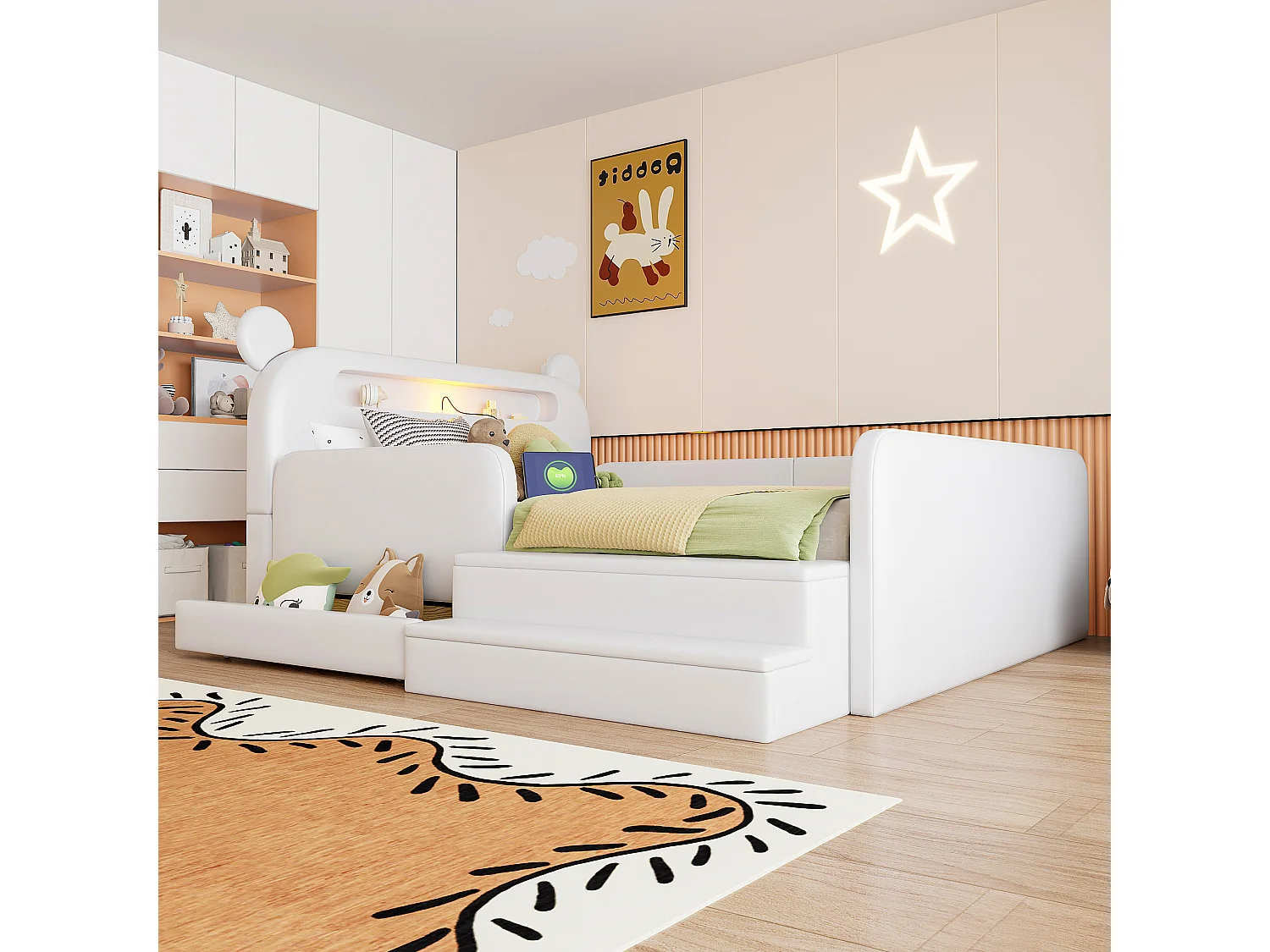 Lit enfant capitonné - 140 x 200 cm - avec tête de lit + veilleuse + USB + tiroir + siège marchepied - faux cuir - blanc