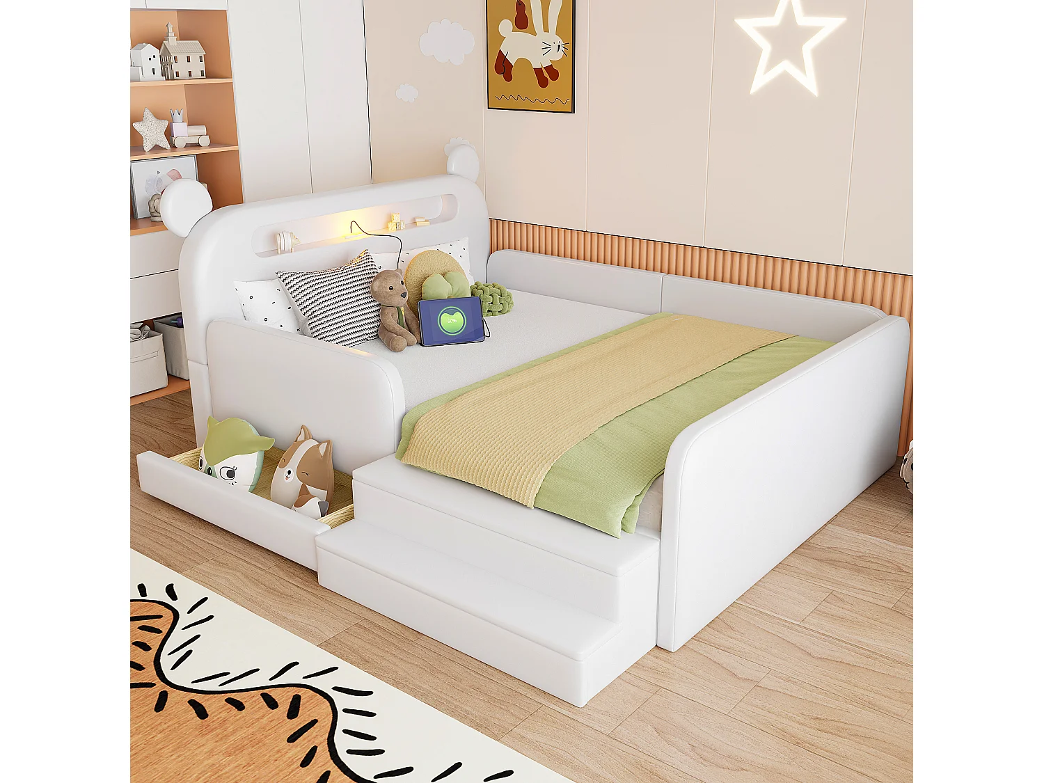 Lit enfant capitonné - 140 x 200 cm - avec tête de lit + veilleuse + USB + tiroir + siège marchepied - faux cuir - blanc