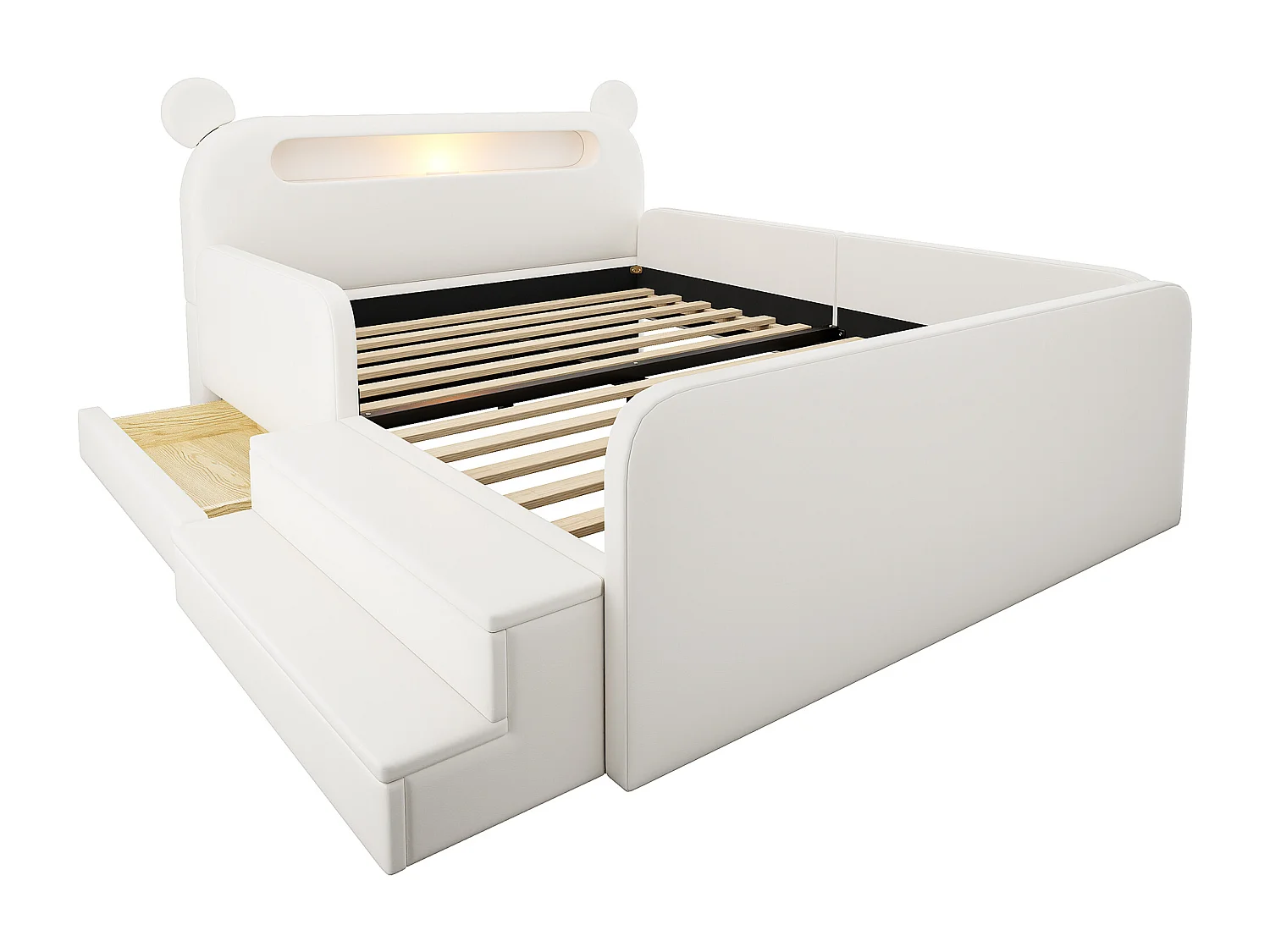 Lit enfant capitonné - 140 x 200 cm - avec tête de lit + veilleuse + USB + tiroir + siège marchepied - faux cuir - blanc