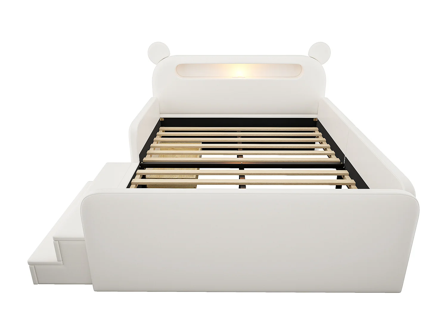 Lit enfant capitonné - 140 x 200 cm - avec tête de lit + veilleuse + USB + tiroir + siège marchepied - faux cuir - blanc