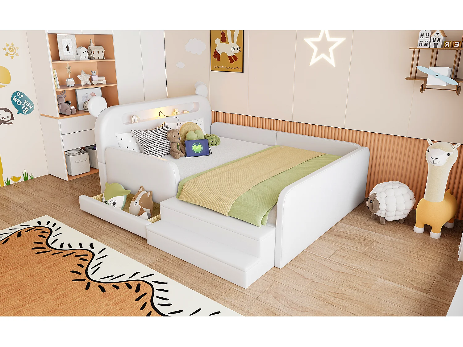Lit enfant capitonné - 140 x 200 cm - avec tête de lit + veilleuse + USB + tiroir + siège marchepied - faux cuir - blanc