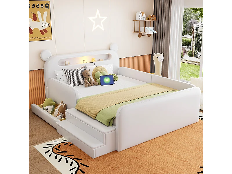 Lit enfant capitonné - 140 x 200 cm - avec tête de lit + veilleuse + USB + tiroir + siège marchepied - faux cuir - blanc