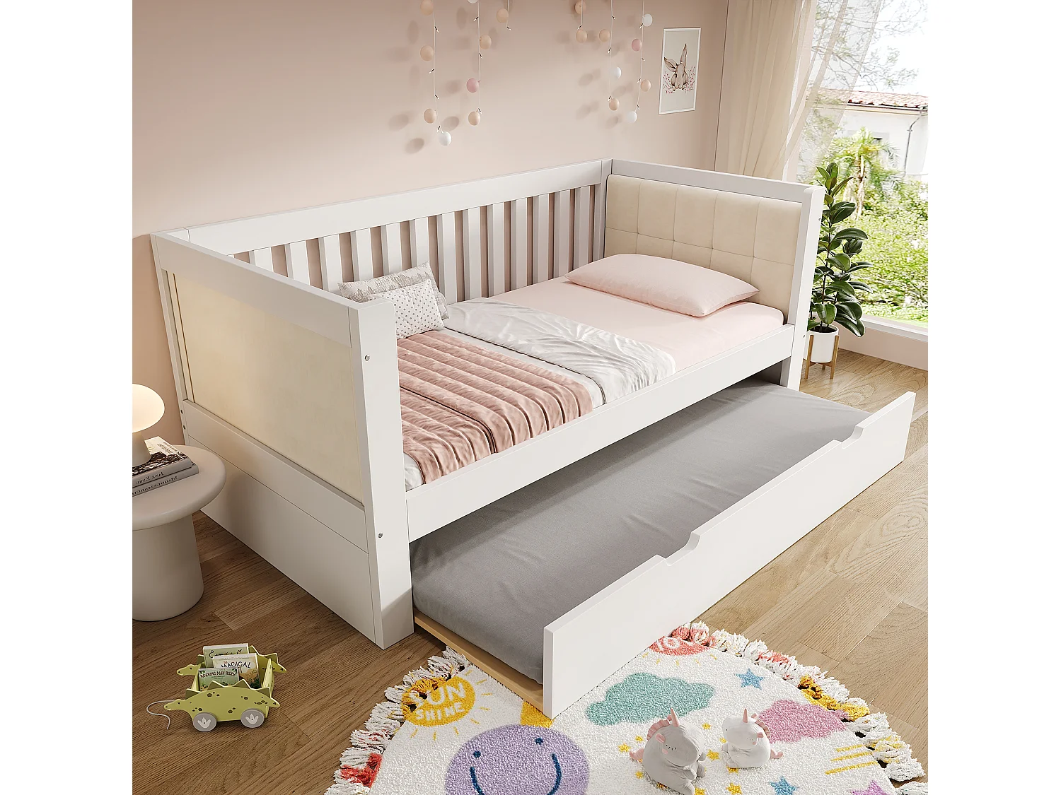 Canapé-lit en bois - 90 x 190 cm - avec lit gigogne 90 x 190 cm + accoudoirs et dossier - blanc