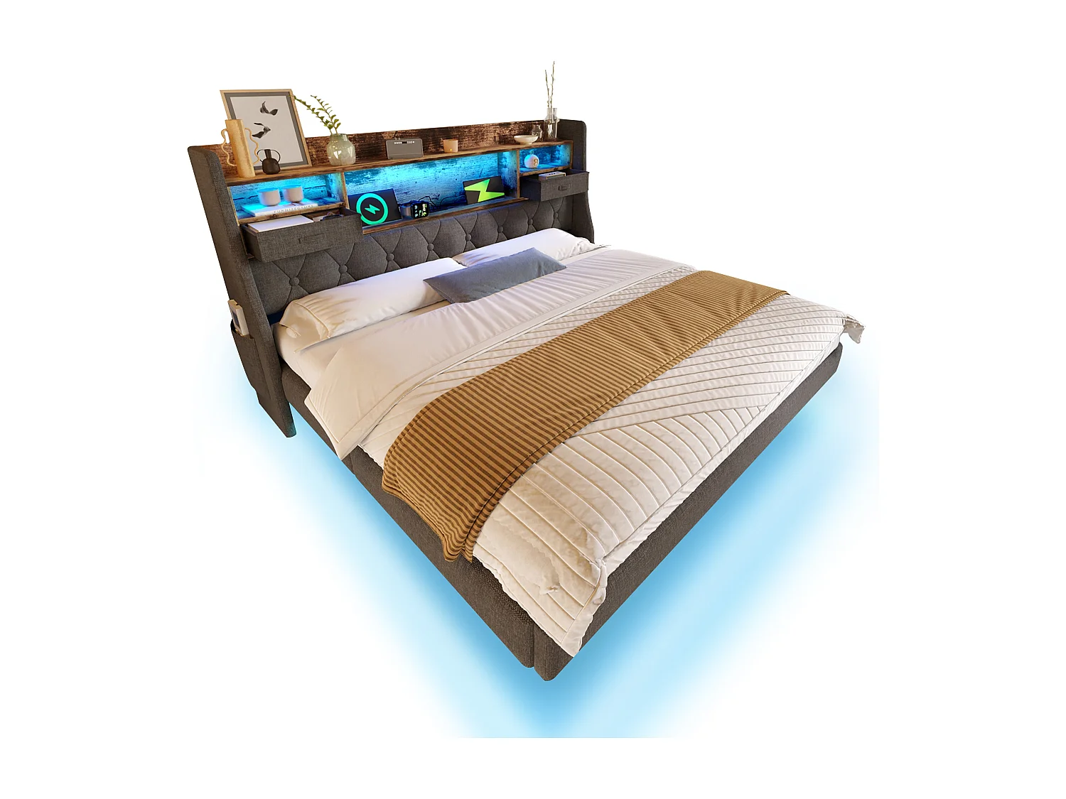 Lit suspendu capitonné - 140 x 190 cm - avec Leds + tête de lit de rangement + USB - lin - gris