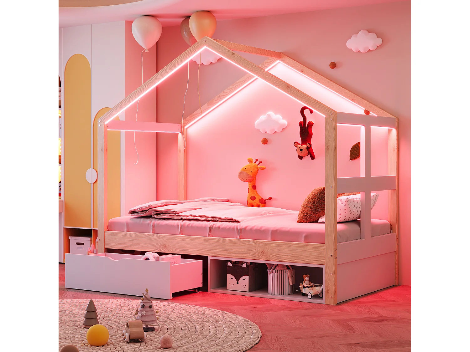 Lit en bois pour enfant - 90 x 190 cm - avec tiroirs + petit meuble à chaussures + Leds - en forme de maison - naturel