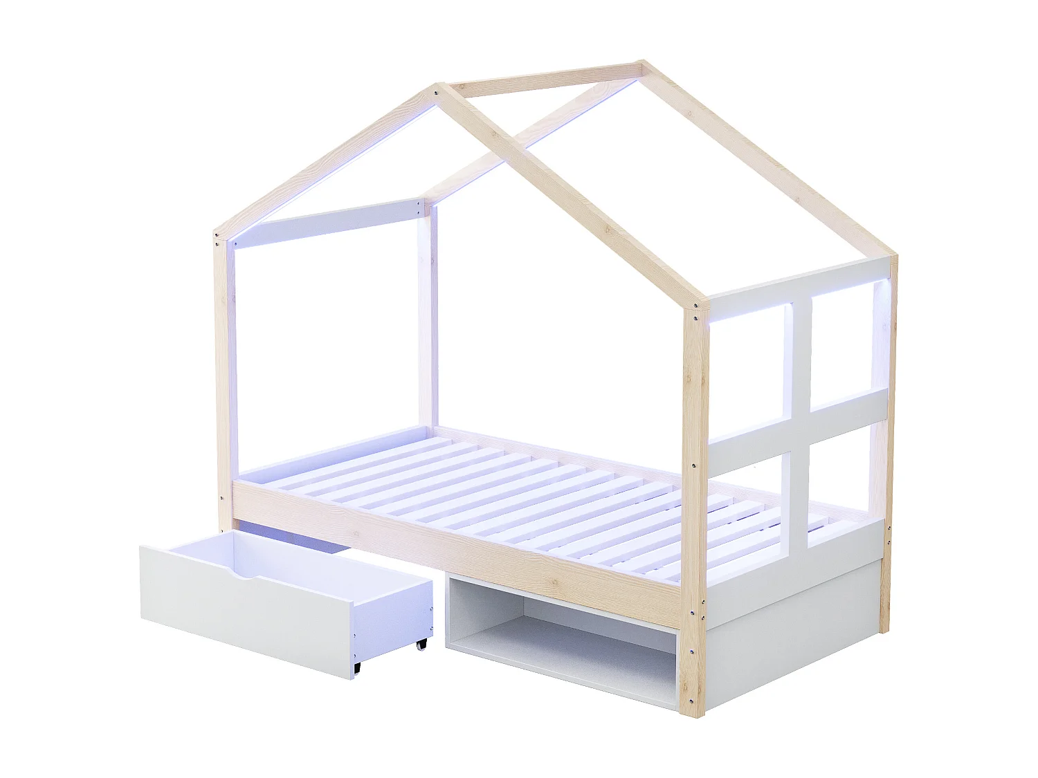 Lit en bois pour enfant - 90 x 190 cm - avec tiroirs + petit meuble à chaussures + Leds - en forme de maison - naturel