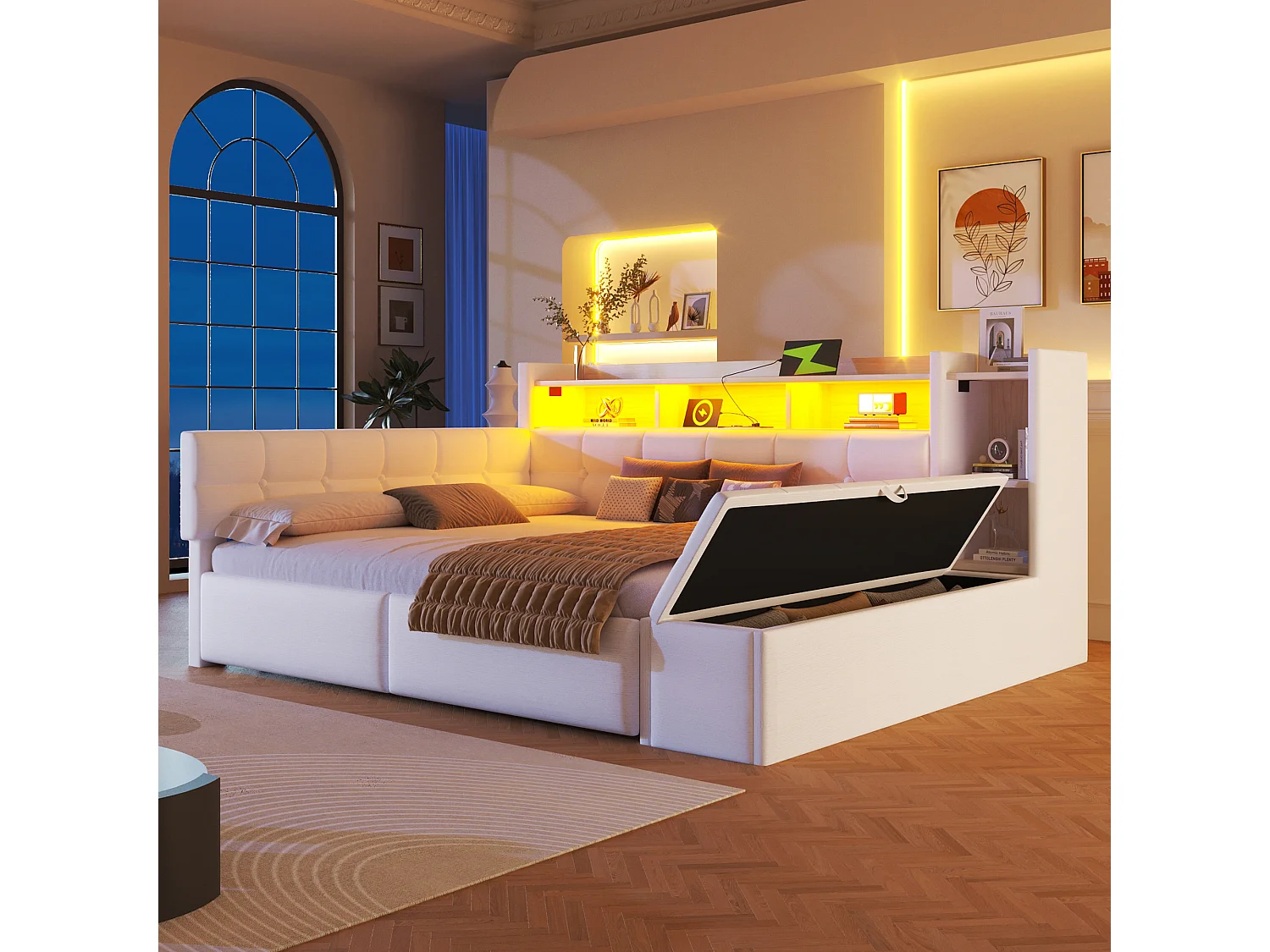 Canapé-lit pour enfant - 140 x 190 cm - avec 2 tiroirs + USB et Type-C + étagère + banquette de rangement + Leds - velours - blanc