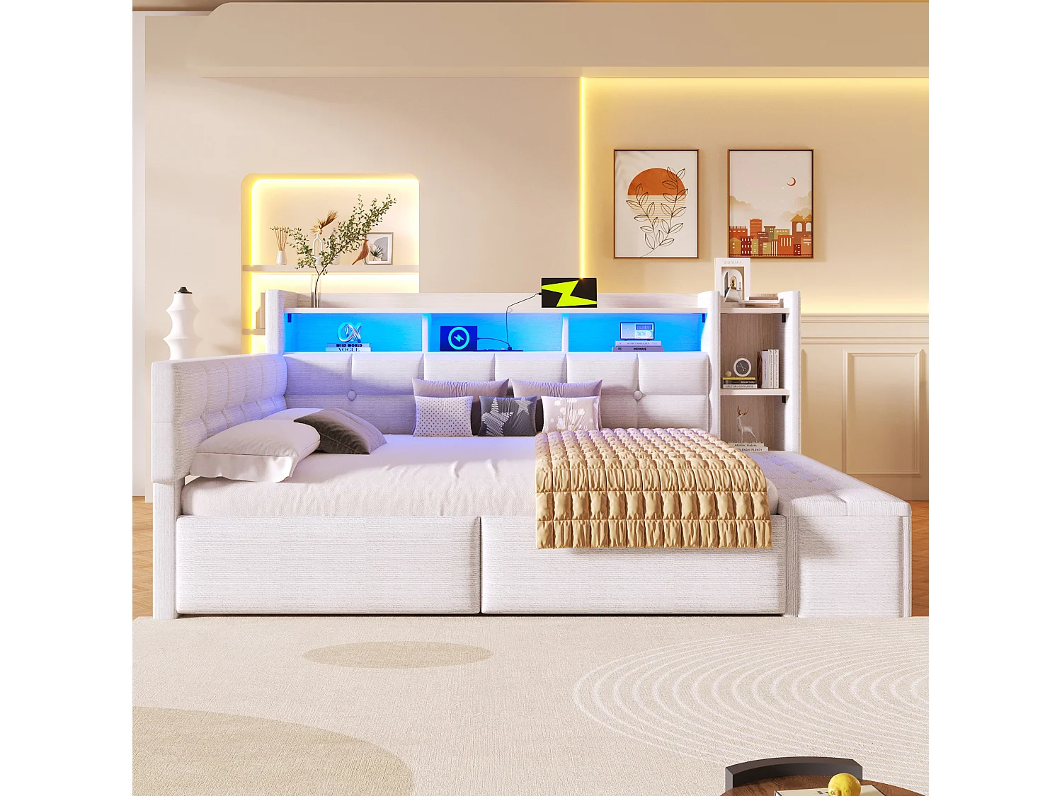 Canapé-lit pour enfant - 140 x 190 cm - avec 2 tiroirs + USB et Type-C + étagère + banquette de rangement + Leds - velours - blanc