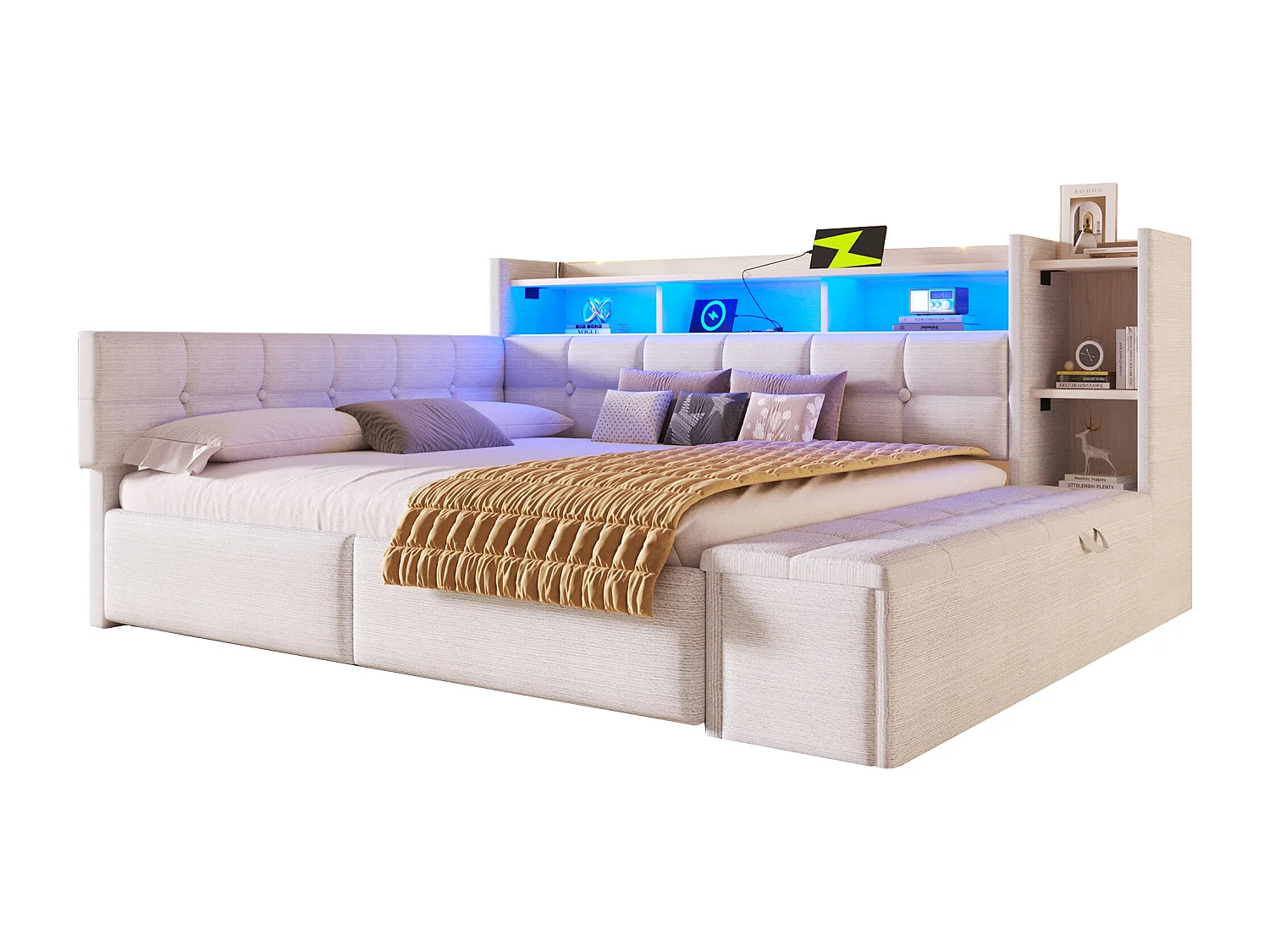 Canapé-lit pour enfant - 140 x 190 cm - avec 2 tiroirs + USB et Type-C + étagère + banquette de rangement + Leds - velours - blanc