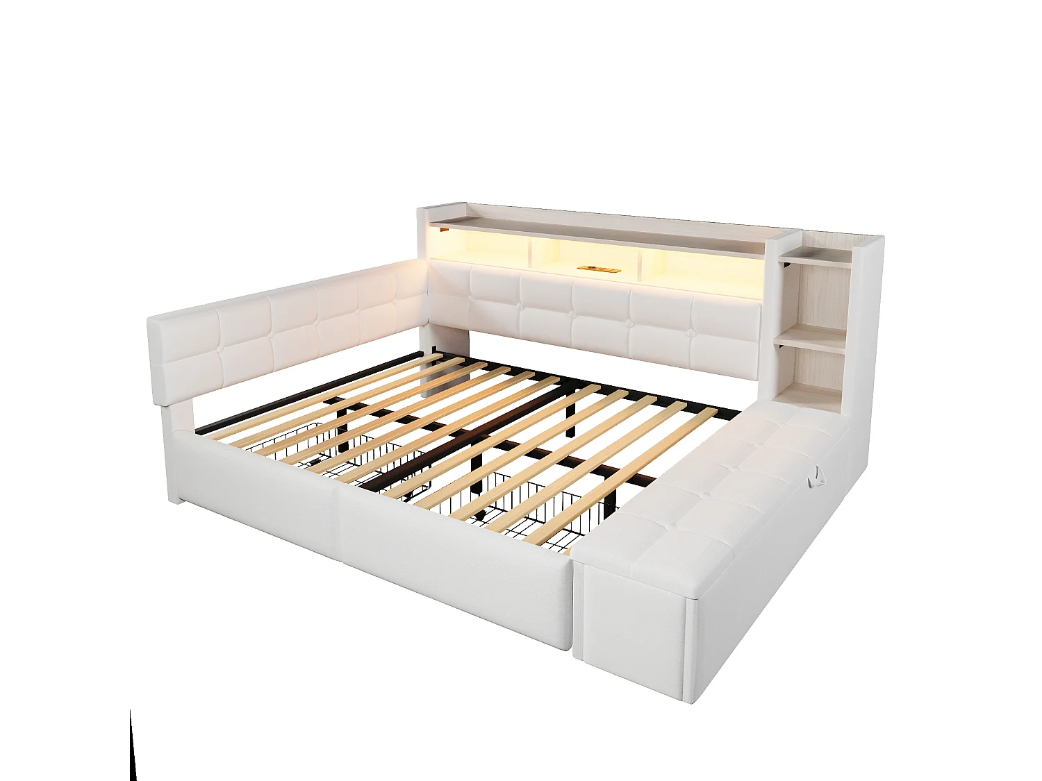 Canapé-lit pour enfant - 140 x 190 cm - avec 2 tiroirs + USB et Type-C + étagère + banquette de rangement + Leds - velours - blanc