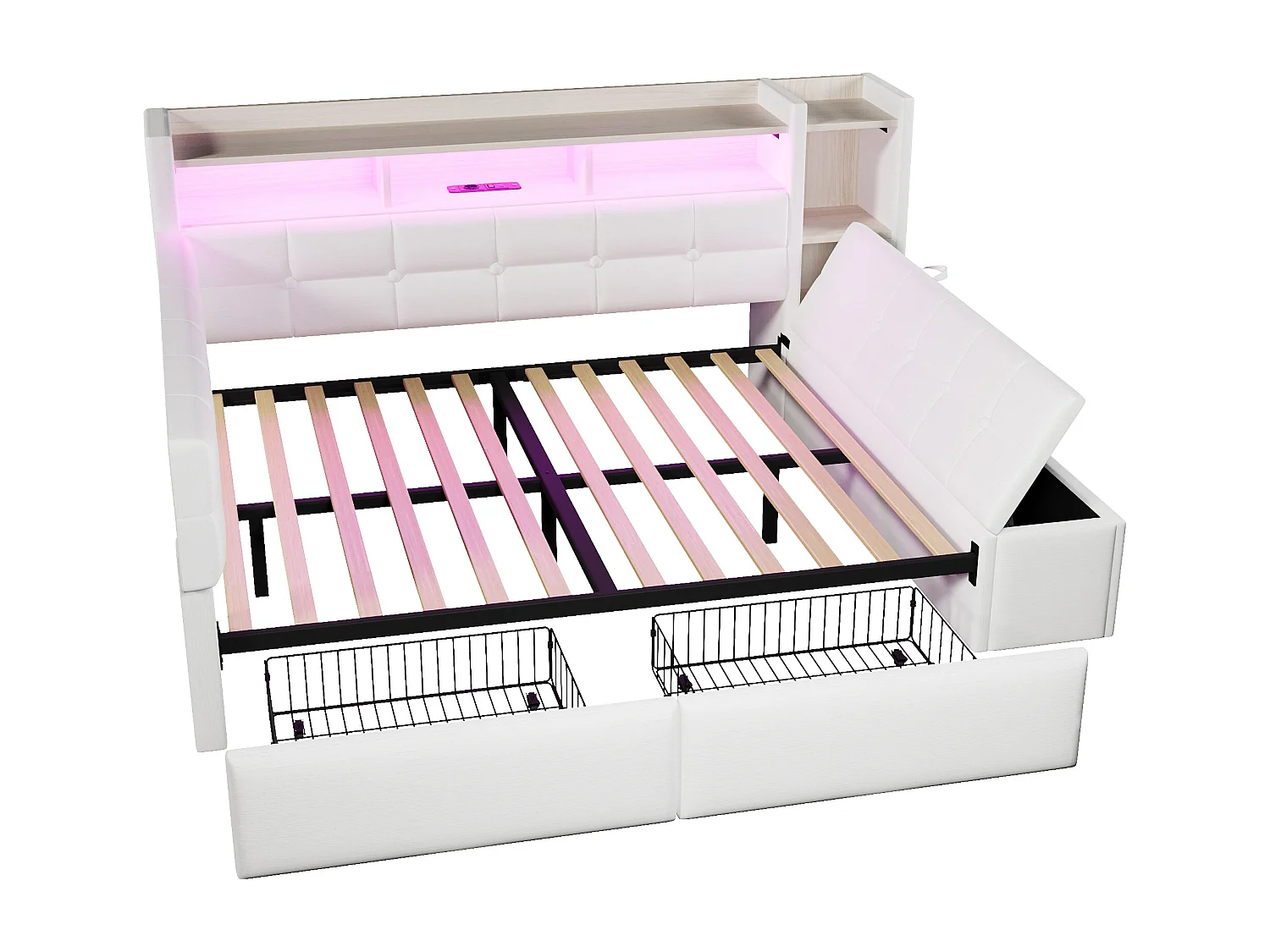 Canapé-lit pour enfant - 140 x 190 cm - avec 2 tiroirs + USB et Type-C + étagère + banquette de rangement + Leds - velours - blanc