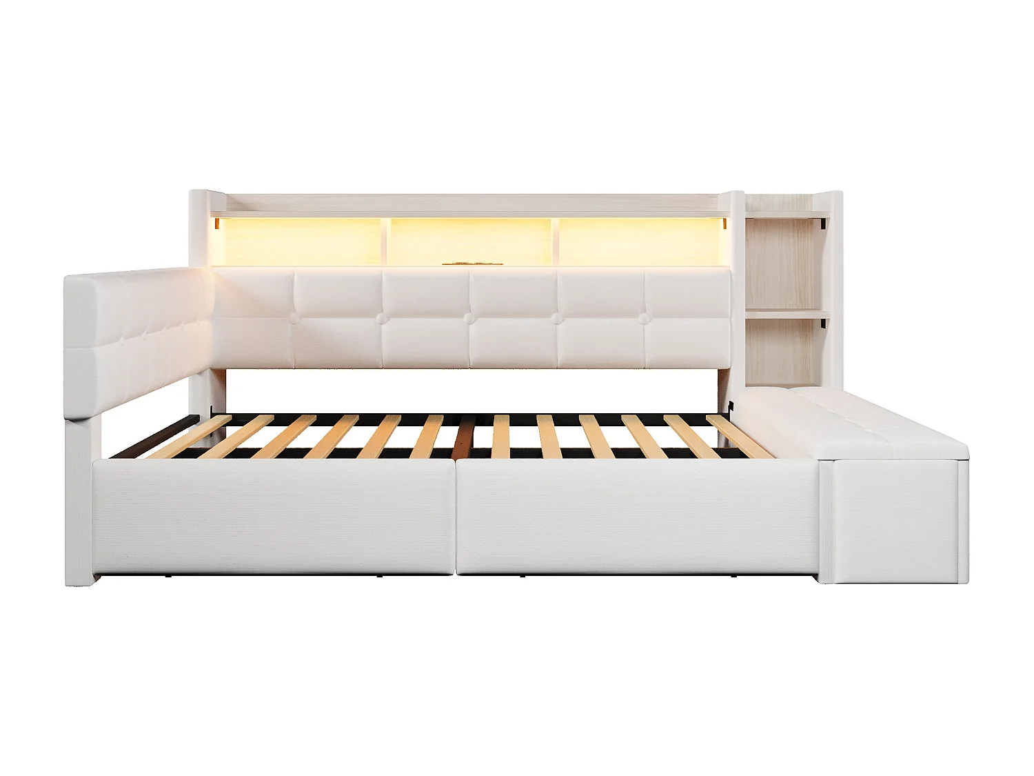 Canapé-lit pour enfant - 140 x 190 cm - avec 2 tiroirs + USB et Type-C + étagère + banquette de rangement + Leds - velours - blanc
