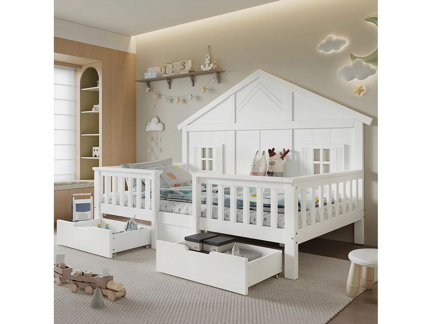 Lit en bois pour enfant - 90 x 200 cm - avec 2 tiroir + fenêtres + toit - pin + MDF + contreplaqué - blanc