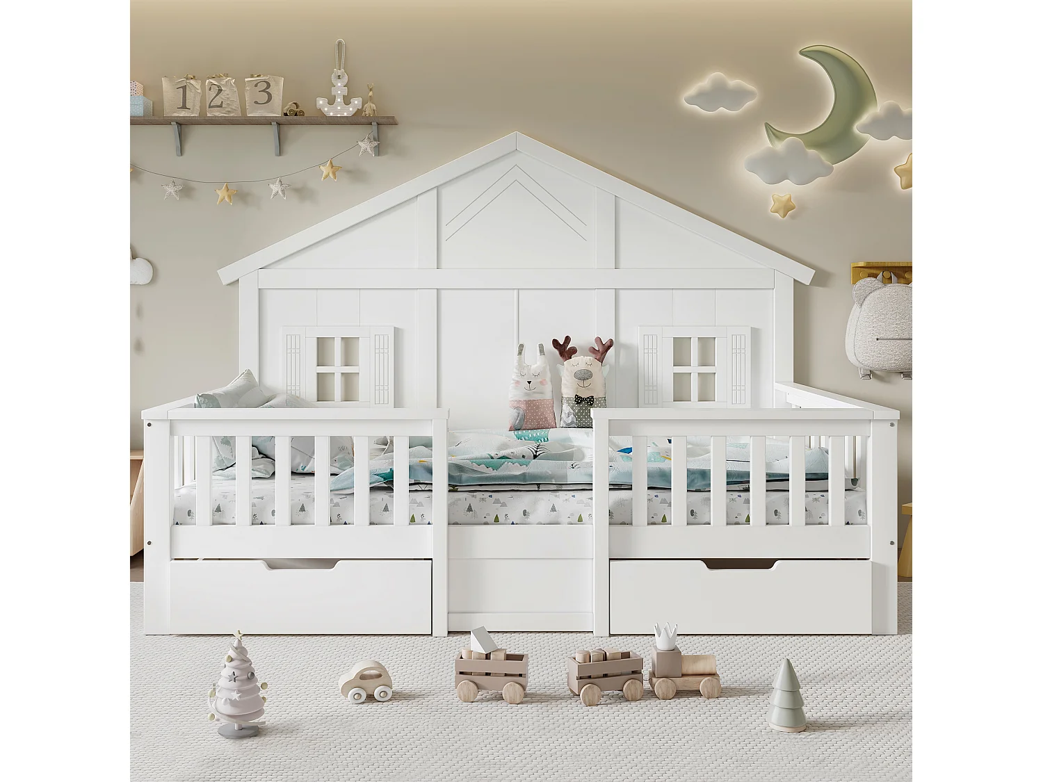 Lit en bois pour enfant - 90 x 200 cm - avec 2 tiroir + fenêtres + toit - pin + MDF + contreplaqué - blanc