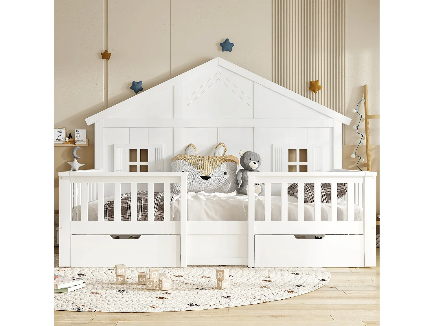 Lit en bois pour enfant - 90 x 200 cm - avec 2 tiroir + fenêtres + toit - pin + MDF + contreplaqué - blanc