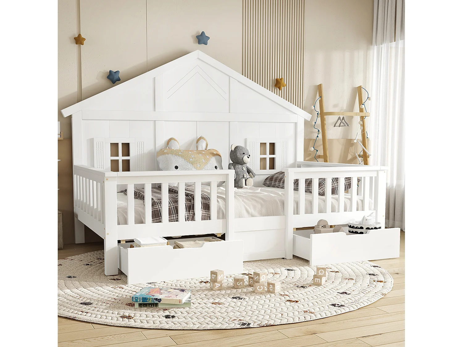 Lit en bois pour enfant - 90 x 200 cm - avec 2 tiroir + fenêtres + toit - pin + MDF + contreplaqué - blanc