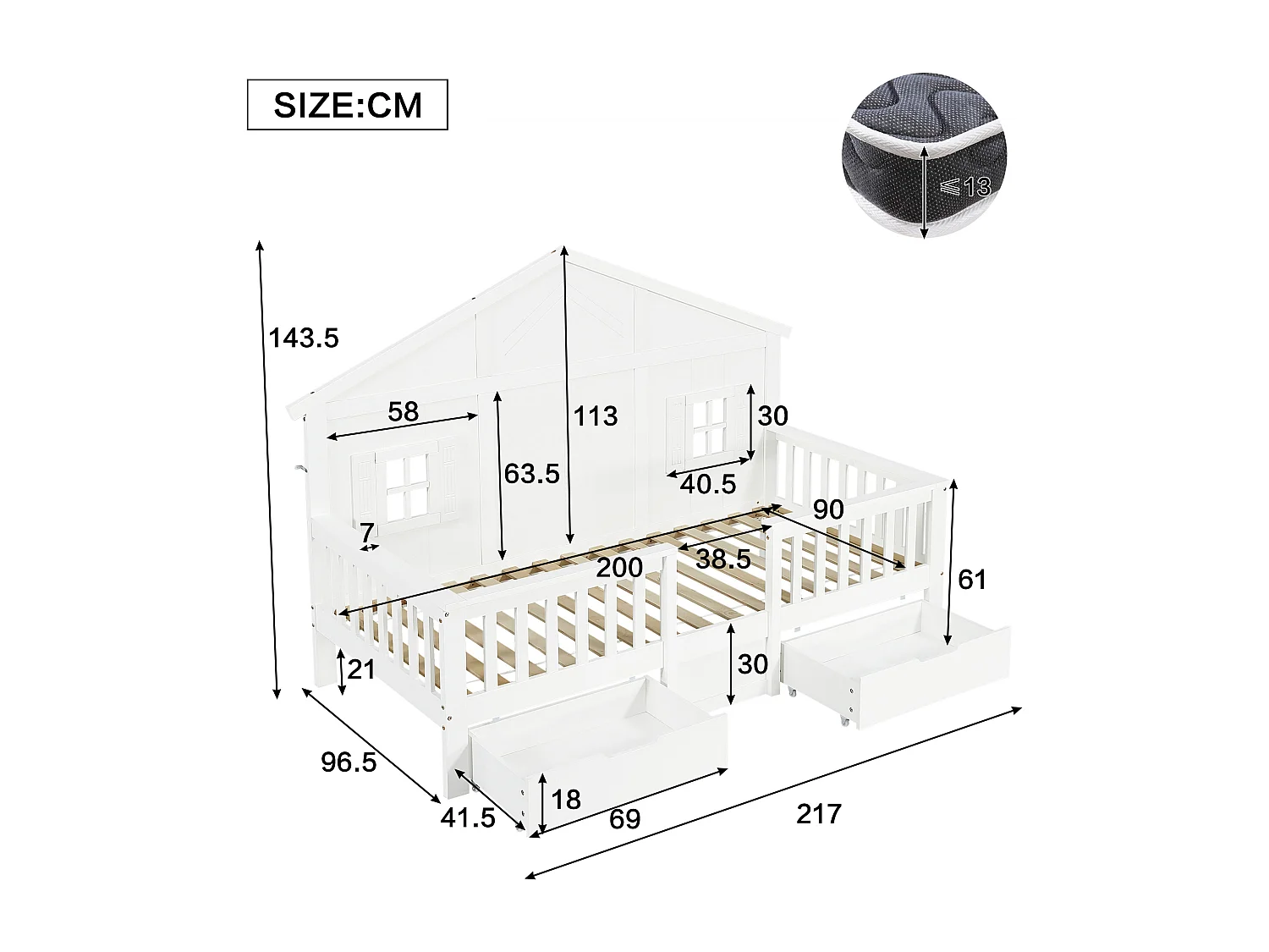 Lit en bois pour enfant - 90 x 200 cm - avec 2 tiroir + fenêtres + toit - pin + MDF + contreplaqué - blanc