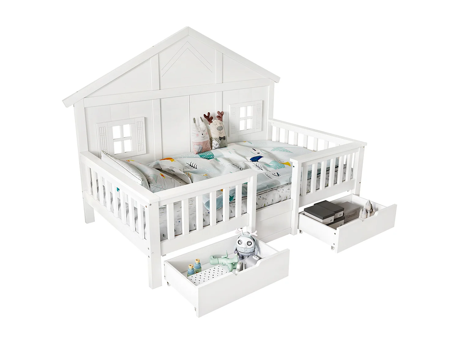 Lit en bois pour enfant - 90 x 200 cm - avec 2 tiroir + fenêtres + toit - pin + MDF + contreplaqué - blanc