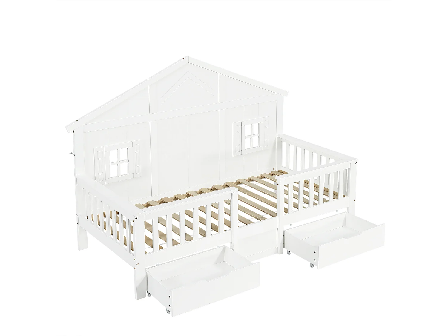 Lit en bois pour enfant - 90 x 200 cm - avec 2 tiroir + fenêtres + toit - pin + MDF + contreplaqué - blanc