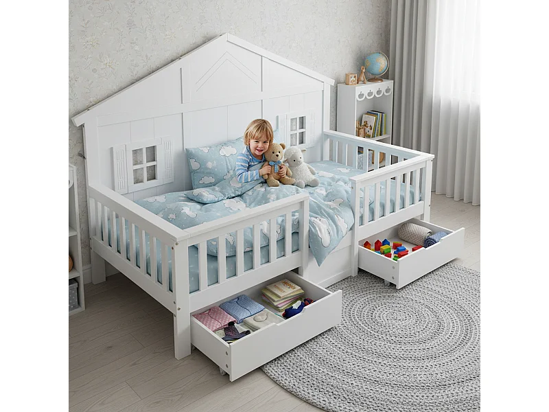 Lit en bois pour enfant - 90 x 200 cm - avec 2 tiroir + fenêtres + toit - pin + MDF + contreplaqué - blanc