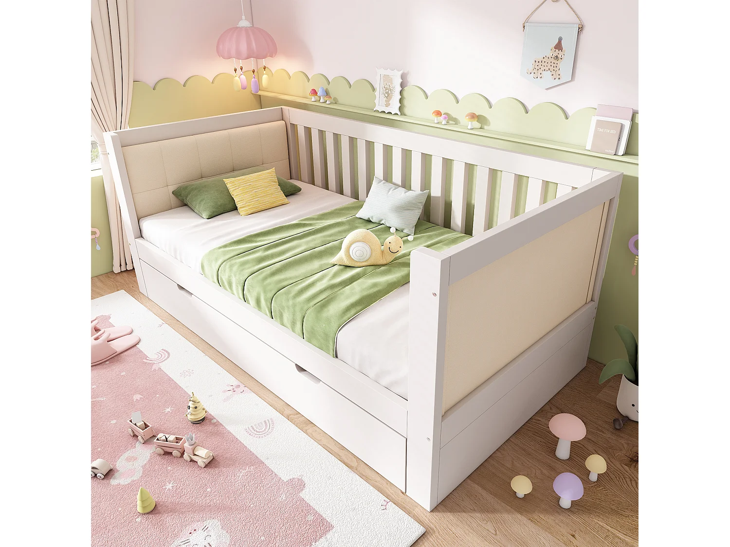 Canapé-lit en bois - 90 x 200 cm - avec lit gigogne 90 x 190 cm + accoudoirs et dossier - blanc