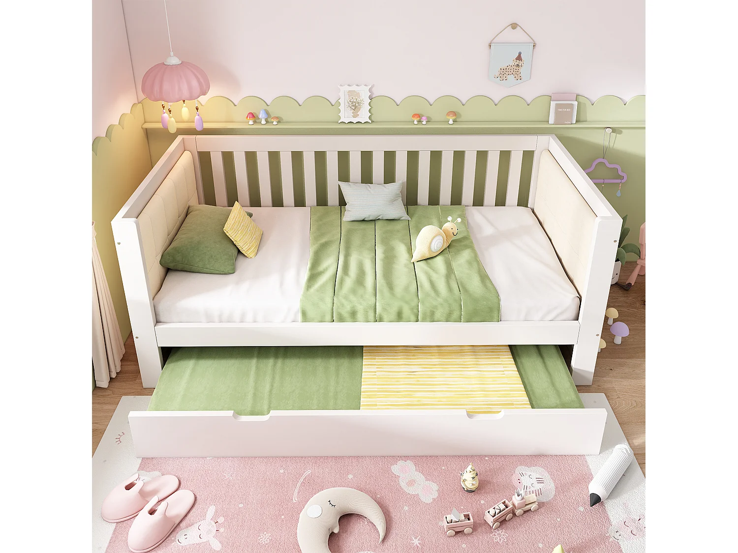 Canapé-lit en bois - 90 x 200 cm - avec lit gigogne 90 x 190 cm + accoudoirs et dossier - blanc