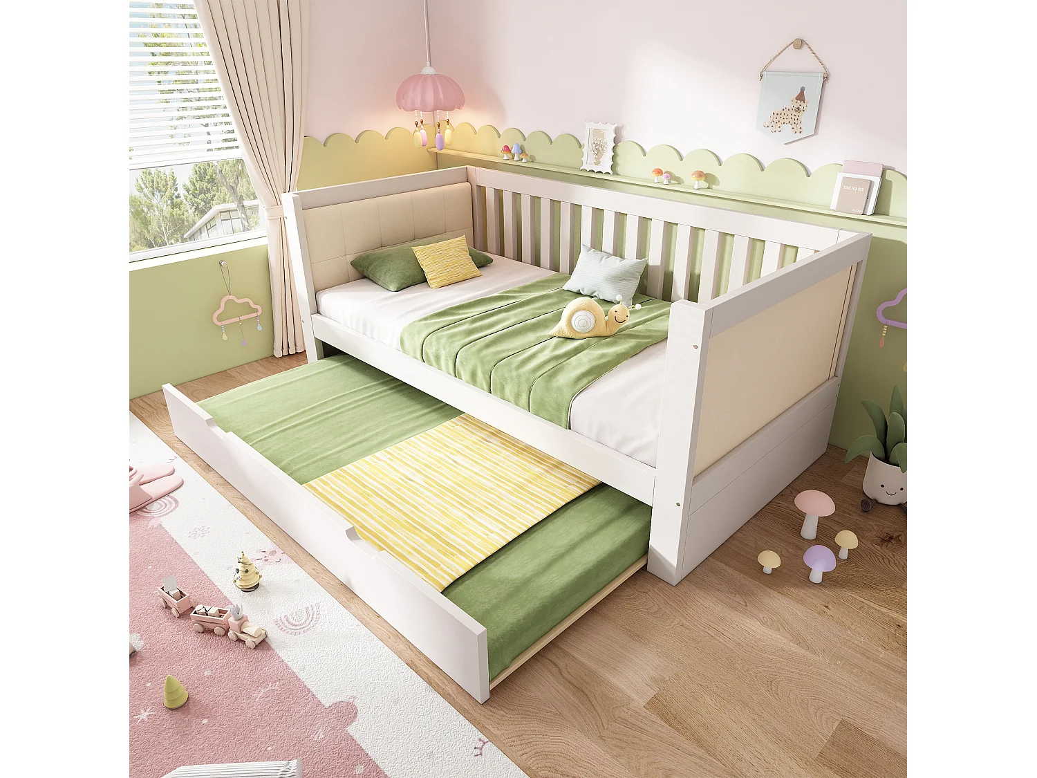 Canapé-lit en bois - 90 x 200 cm - avec lit gigogne 90 x 190 cm + accoudoirs et dossier - blanc