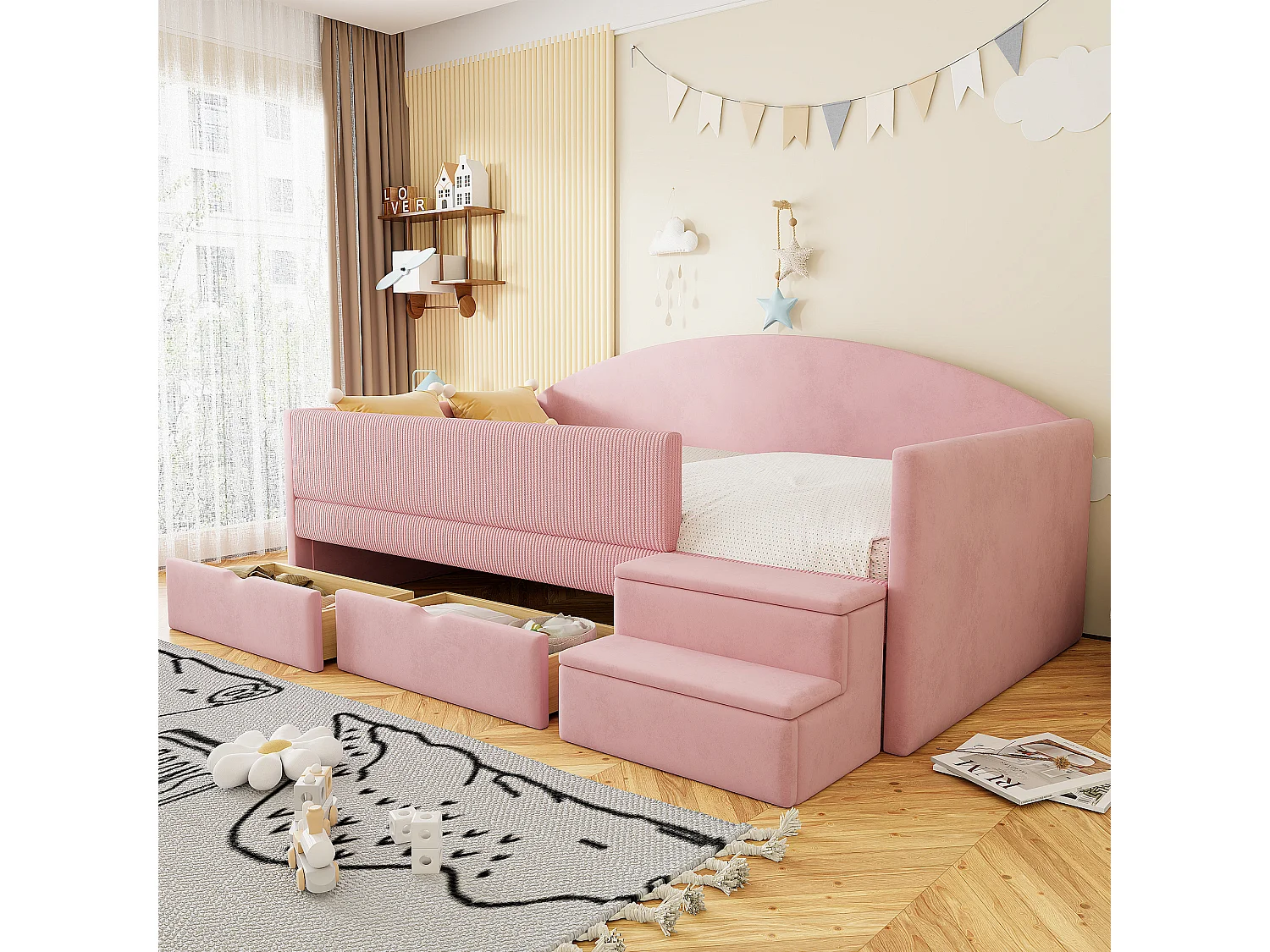 Canapé-lit rembourré pour enfant - 90 x 190 cm - avec 2 tiroirs + barrières + marches - velours - rose