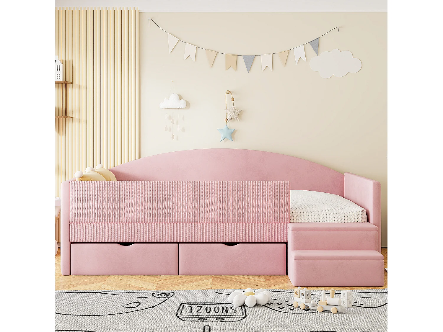 Canapé-lit rembourré pour enfant - 90 x 190 cm - avec 2 tiroirs + barrières + marches - velours - rose