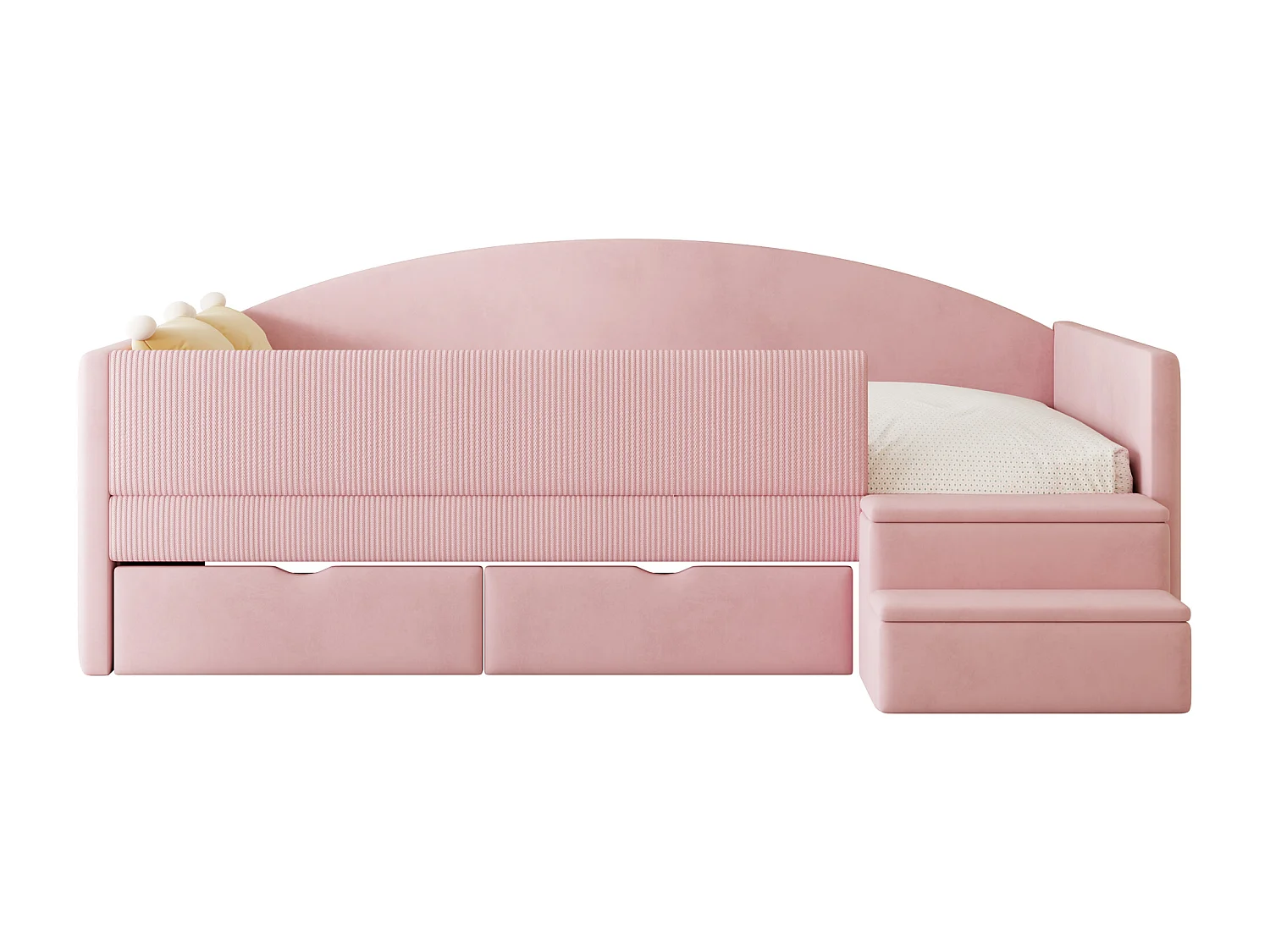 Canapé-lit rembourré pour enfant - 90 x 190 cm - avec 2 tiroirs + barrières + marches - velours - rose