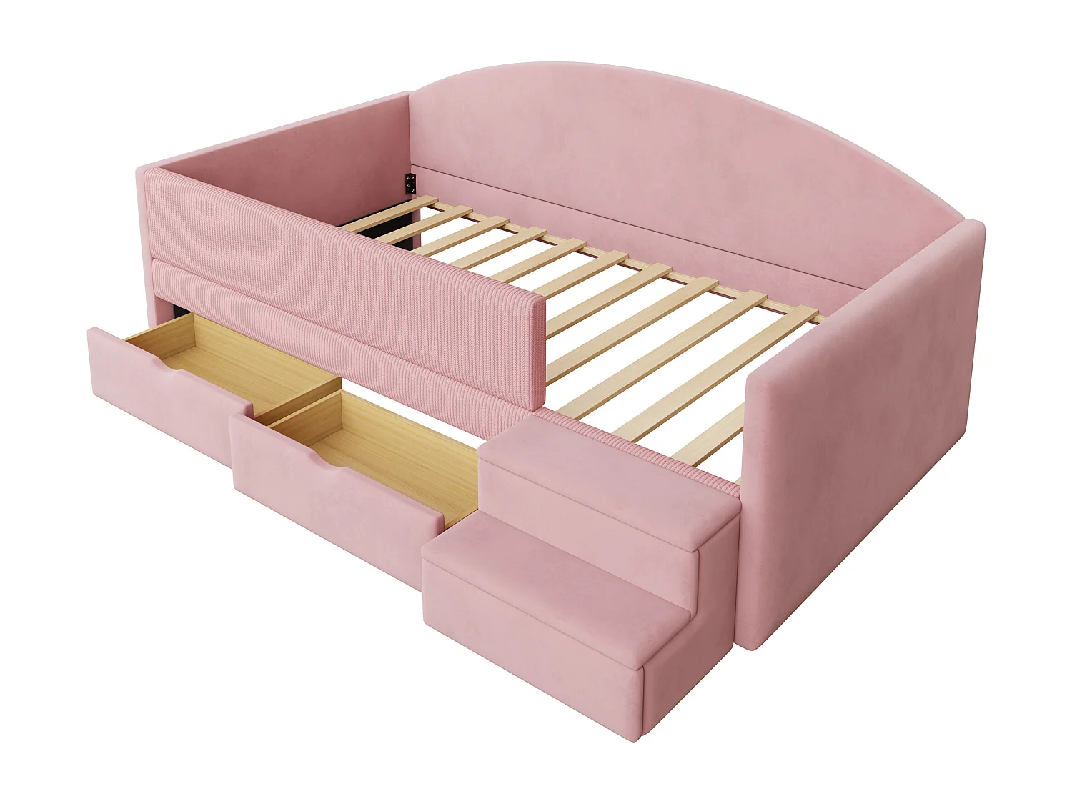 Canapé-lit rembourré pour enfant - 90 x 190 cm - avec 2 tiroirs + barrières + marches - velours - rose