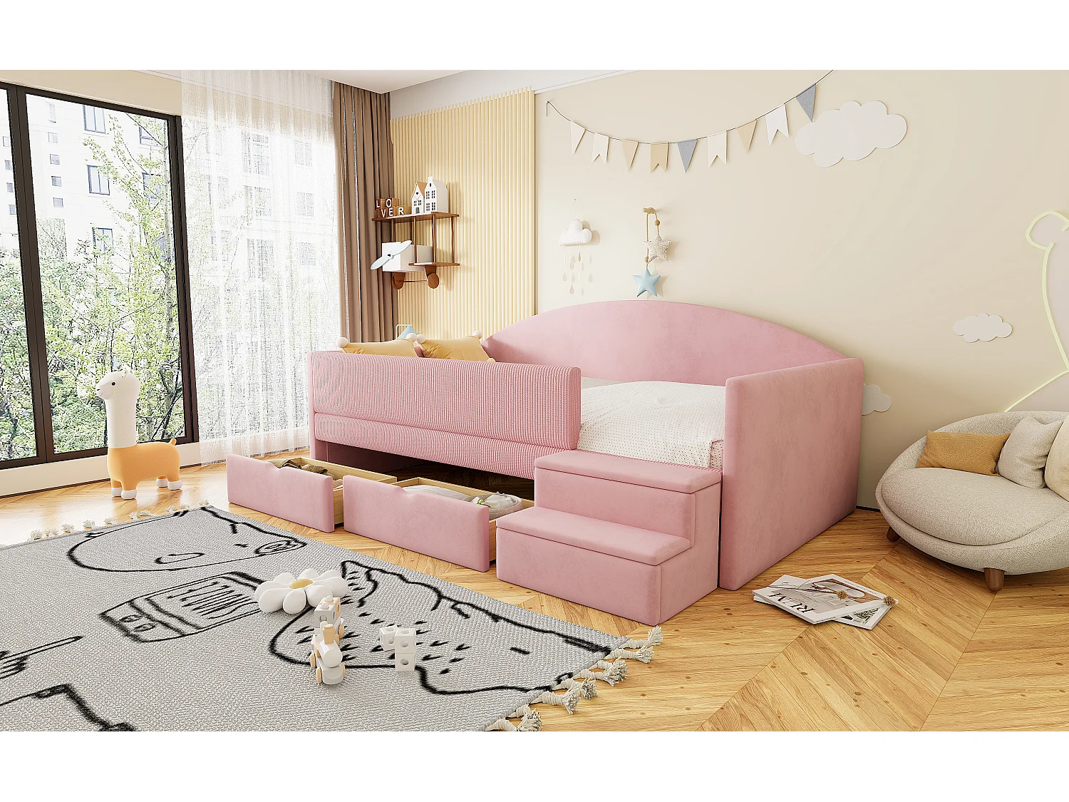 Canapé-lit rembourré pour enfant - 90 x 190 cm - avec 2 tiroirs + barrières + marches - velours - rose