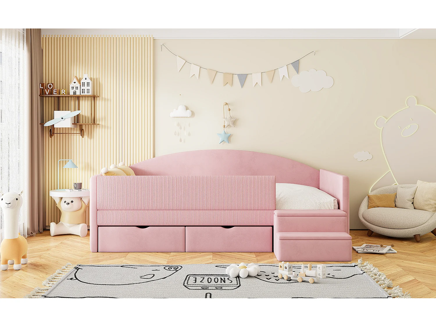Canapé-lit rembourré pour enfant - 90 x 190 cm - avec 2 tiroirs + barrières + marches - velours - rose