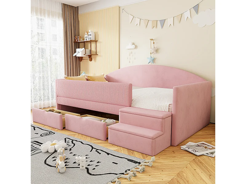 Canapé-lit rembourré pour enfant - 90 x 190 cm - avec 2 tiroirs + barrières + marches - velours - rose