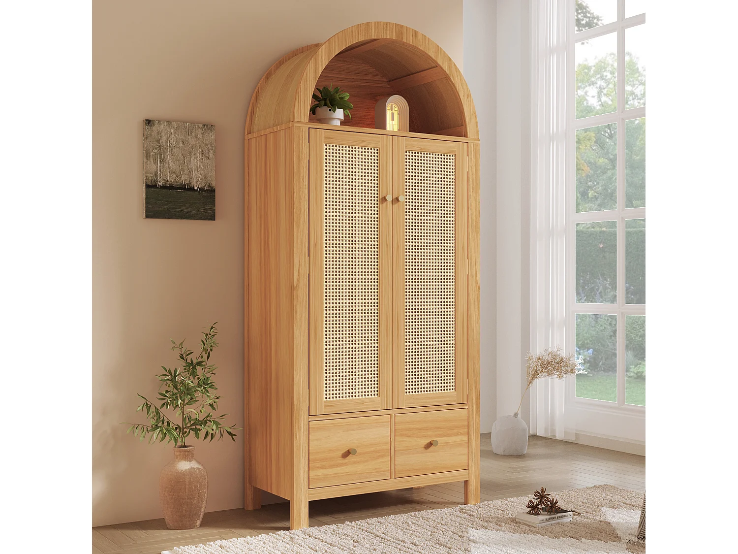 Szafa z plecionego rattanu - 181 x 78 x 45 cm - styl rustykalny z wykończeniem dębowym - z półką + 2 drzwi + 2 szuflady - drewno - naturalne