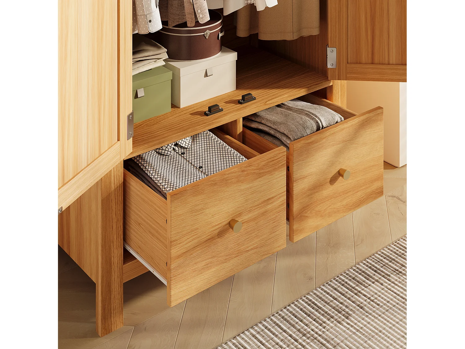 Szafa z plecionego rattanu - 181 x 78 x 45 cm - styl rustykalny z wykończeniem dębowym - z półką + 2 drzwi + 2 szuflady - drewno - naturalne