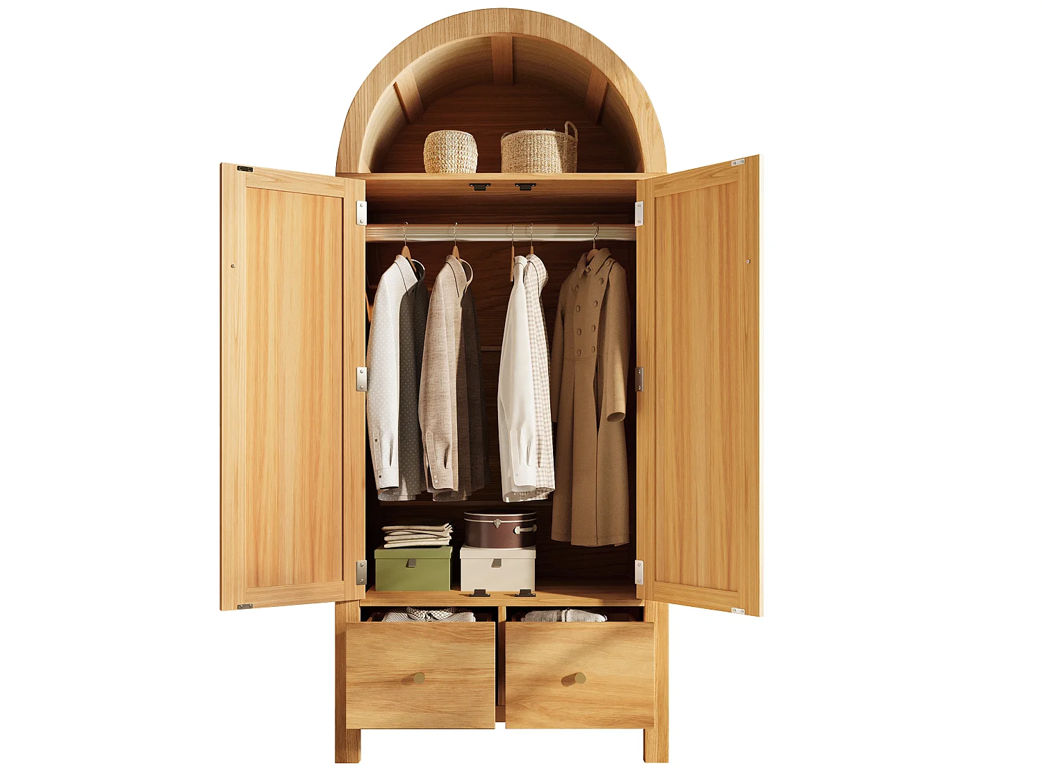 Armoire en rotin tressé - 181 x 78 x 45 cm - style campagnard aspect chêne - avec étagère + 2 portes + 2 tiroirs - bois - naturel