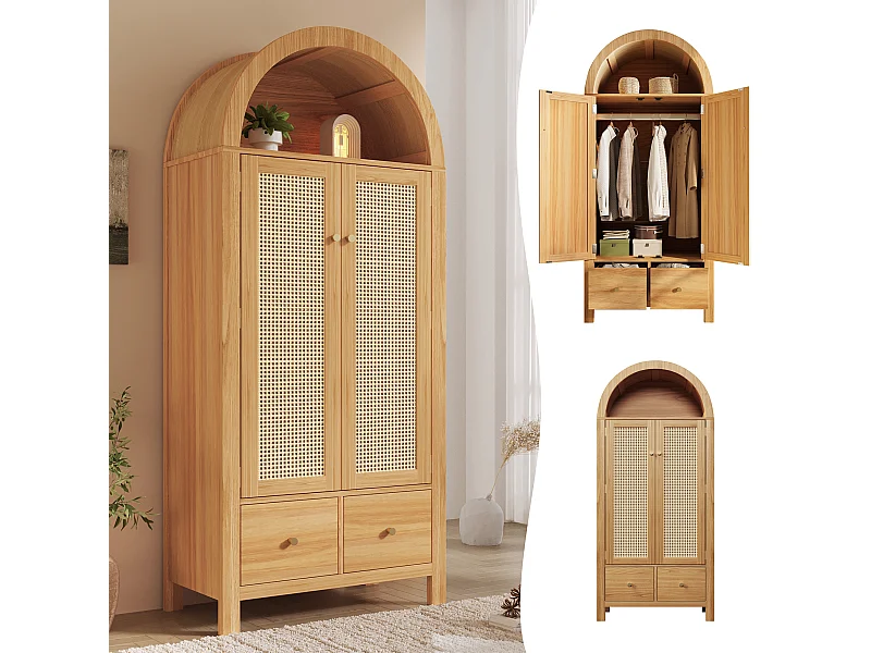 Armoire en rotin tressé - 181 x 78 x 45 cm - style campagnard aspect chêne - avec étagère + 2 portes + 2 tiroirs - bois - naturel