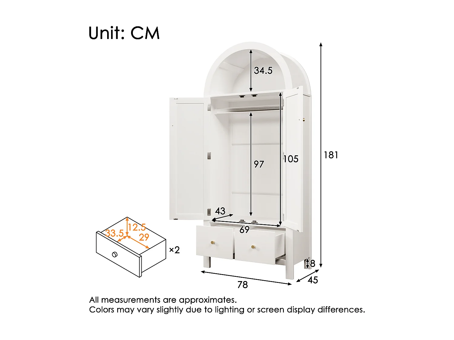 Gevlochten rotan kledingkast - 181 x 78 x 45 cm - landelijke stijl met eikenhouten afwerking - met plank + 2 deuren + 2 lades - hout - wit